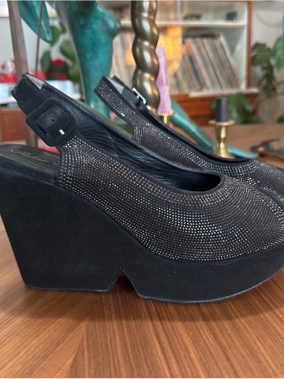 Robert Clergerie Black Rhinestone Slingback Wedge Platforms